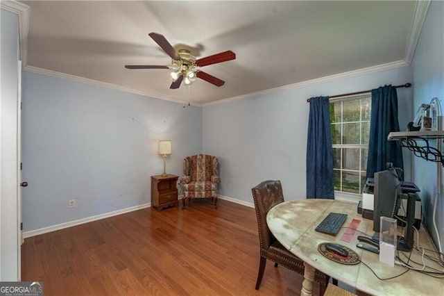 209 Red Fern Ct, Canton, GA 30114 - home office featuring ceiling fan, crown molding, wood finished floors, and baseboards