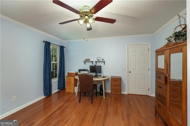 209 Red Fern Ct, Canton, GA 30114 - office featuring wood finished floors, crown molding, a ceiling fan, and baseboards
