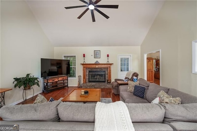 209 Red Fern Ct, Canton, GA 30114 - living room featuring ceiling fan, high vaulted ceiling, wood finished floors, plenty of natural light, and a glass covered fireplace
