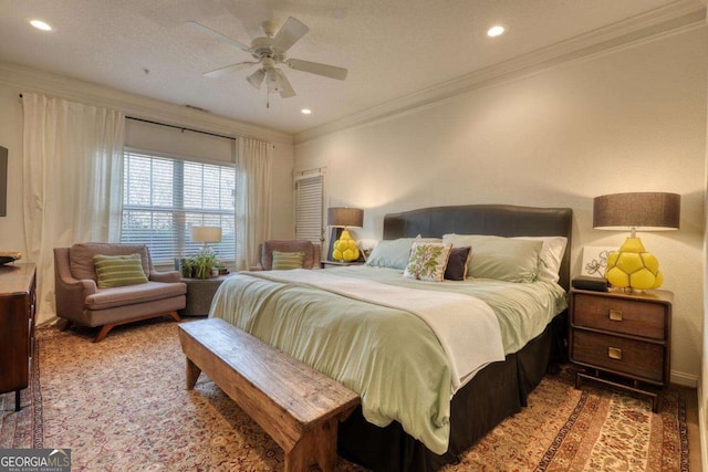 bedroom with crown molding, recessed lighting, and a ceiling fan