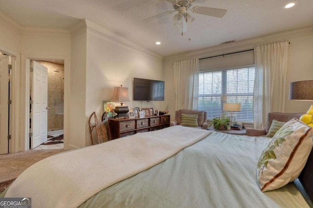 bedroom with crown molding, recessed lighting, carpet, and ceiling fan
