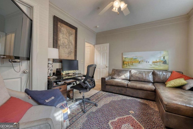 office with ornamental molding and ceiling fan