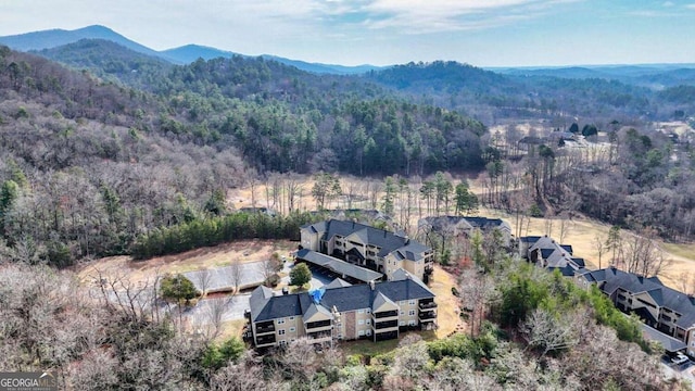aerial view of property's location with a heavily wooded area and a mountainous background