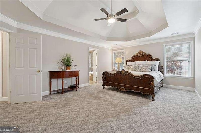 310 Kingspring Ct, Roswell, GA 30076 - carpeted bedroom with baseboards, crown molding, connected bathroom, visible vents, and a raised ceiling