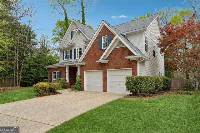 310 Kingspring Ct, Roswell, GA 30076 - view of front of property with fence, a front lawn, brick siding, a garage, and concrete driveway