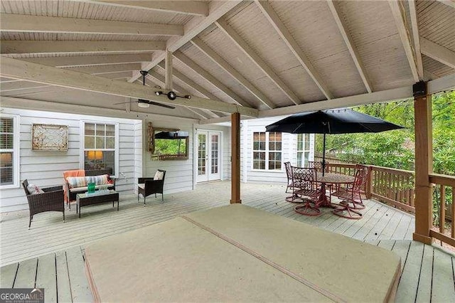 310 Kingspring Ct, Roswell, GA 30076 - wooden terrace featuring outdoor dining space, an outdoor living space, french doors, and ceiling fan