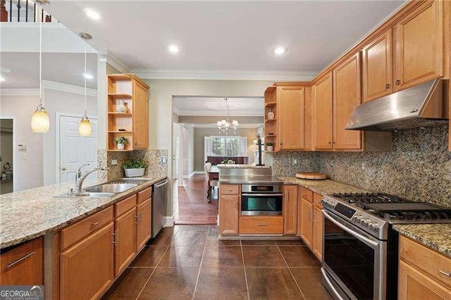 310 Kingspring Ct, Roswell, GA 30076 - kitchen featuring a peninsula, open shelves, under cabinet range hood, appliances with stainless steel finishes, and a sink