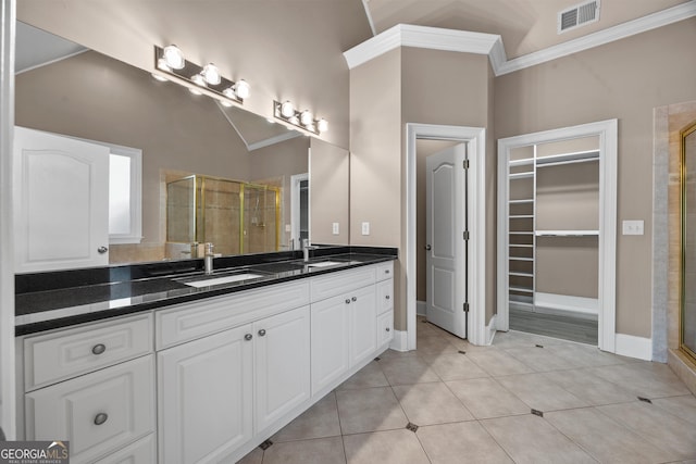 774 Mary Ann Dr NE, Marietta, GA 30068 - bathroom with a shower stall, visible vents, a sink, and ornamental molding