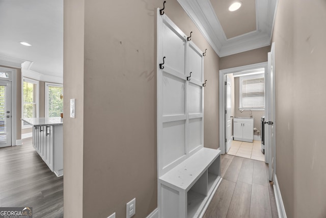 774 Mary Ann Dr NE, Marietta, GA 30068 - mudroom featuring ornamental molding, baseboards, plenty of natural light, and wood finished floors