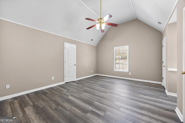 774 Mary Ann Dr NE, Marietta, GA 30068 - unfurnished room with high vaulted ceiling, ceiling fan, visible vents, baseboards, and dark wood-style floors