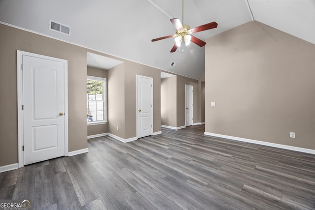 774 Mary Ann Dr NE, Marietta, GA 30068 - unfurnished living room featuring visible vents, baseboards, a ceiling fan, wood finished floors, and high vaulted ceiling