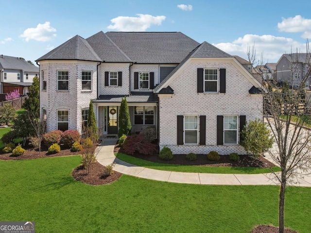 214 Leland Way, Woodstock, GA 30188 - view of front facade with roof with shingles, a front yard, and brick siding