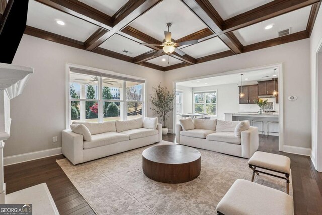 214 Leland Way, Woodstock, GA 30188 - living area with beamed ceiling, ceiling fan, visible vents, dark wood-style flooring, and baseboards