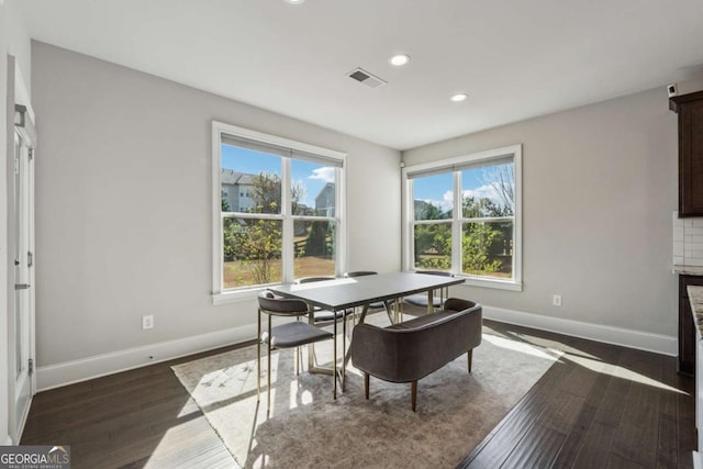 214 Leland Way, Woodstock, GA 30188 - dining area featuring recessed lighting, visible vents, baseboards, and dark wood finished floors