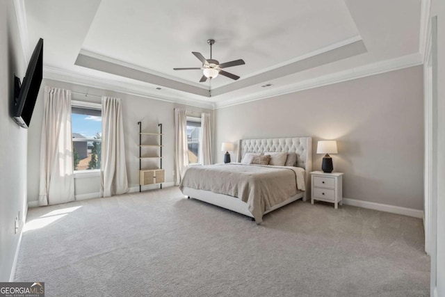 214 Leland Way, Woodstock, GA 30188 - bedroom with baseboards, crown molding, carpet floors, a tray ceiling, and ceiling fan
