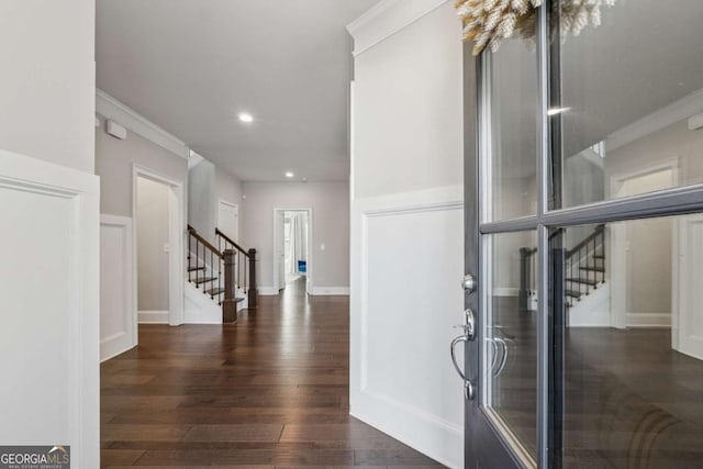 214 Leland Way, Woodstock, GA 30188 - foyer with recessed lighting, stairs, crown molding, and wood finished floors