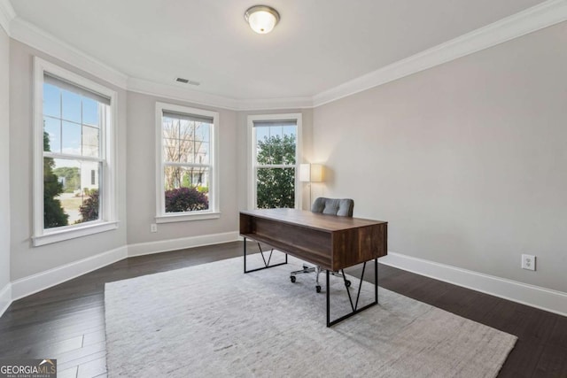 214 Leland Way, Woodstock, GA 30188 - office area with dark wood-style flooring, ornamental molding, visible vents, and plenty of natural light
