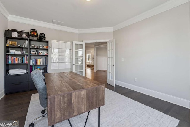 214 Leland Way, Woodstock, GA 30188 - office featuring french doors, ornamental molding, baseboards, and dark wood finished floors