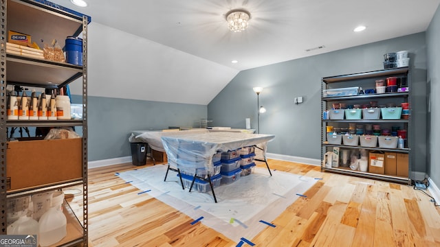 745 Pleasant Valley Rd SE, Silver Creek, GA 30173 - dining area featuring wood finished floors, baseboards, vaulted ceiling, and recessed lighting