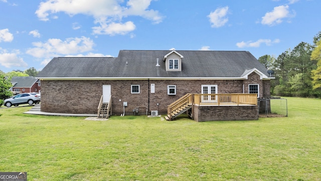 745 Pleasant Valley Rd SE, Silver Creek, GA 30173 - rear view of house featuring stairs, a lawn, a wooden deck, french doors, and brick siding