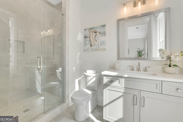 123 Candler Loop, Acworth, GA 30101 - bathroom featuring vanity, a stall shower, and tile patterned flooring