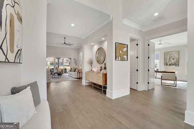 123 Candler Loop, Acworth, GA 30101 - hall featuring wood finished floors, crown molding, and recessed lighting