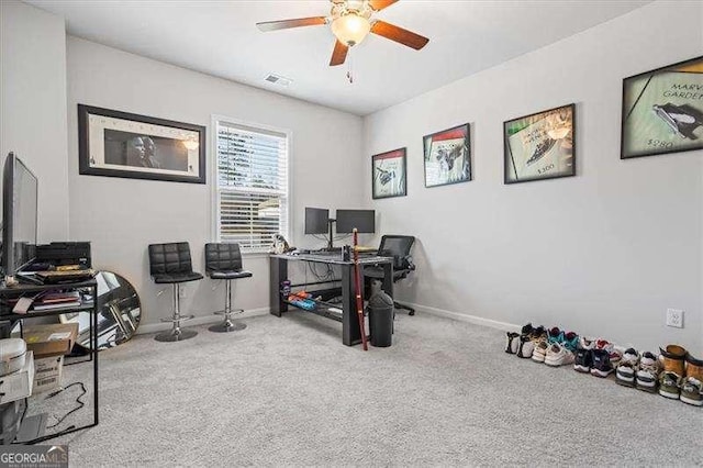 75 Glen Abbey Cir, Fairburn, GA 30213 - office featuring carpet flooring, baseboards, a ceiling fan, and visible vents