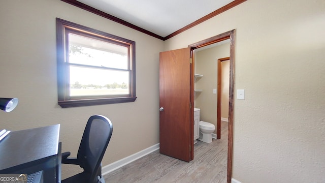 office featuring crown molding, light wood-type flooring, and baseboards