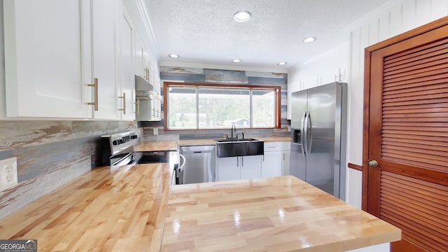 kitchen with appliances with stainless steel finishes, a sink, wood counters, under cabinet range hood, and ornamental molding