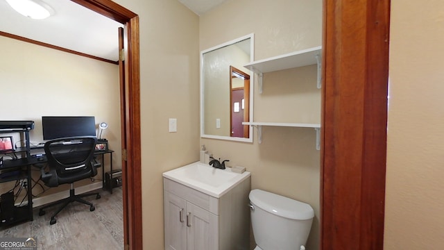 bathroom featuring wood finished floors, toilet, and vanity