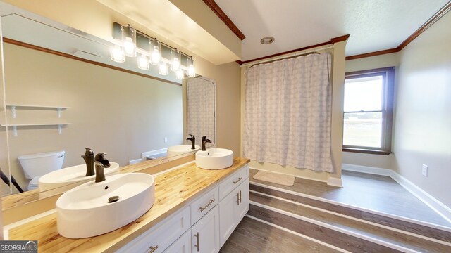 bathroom with double vanity, crown molding, wood finished floors, and toilet
