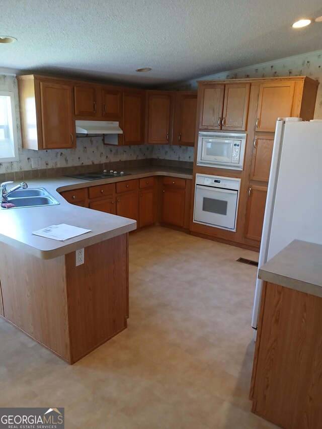 2791 Pulaski Rd, Statesboro, GA 30458 - kitchen with a sink, light floors, under cabinet range hood, and white appliances
