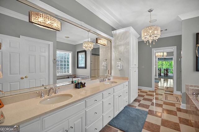 804 Eagleview, Anderson, SC 29625 - bathroom with a chandelier, a bath, double vanity, and crown molding