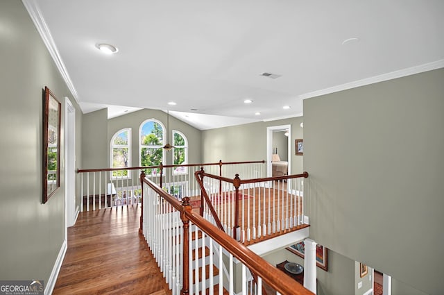 804 Eagleview, Anderson, SC 29625 - hallway featuring crown molding, an upstairs landing, recessed lighting, and wood finished floors
