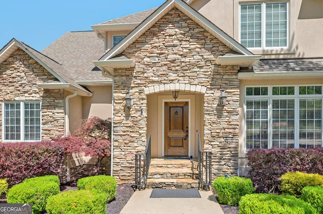 804 Eagleview, Anderson, SC 29625 - doorway to property with stone siding, stucco siding, and roof with shingles