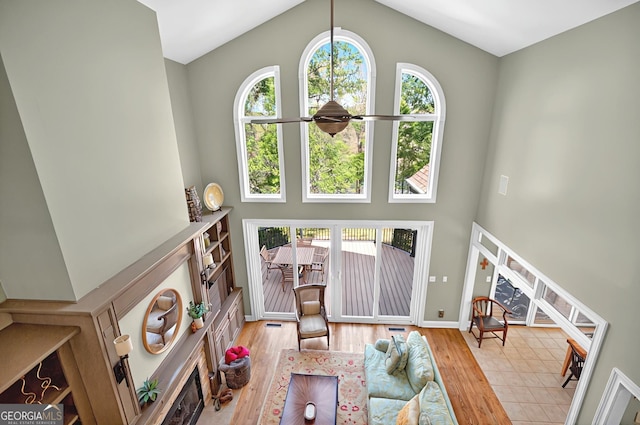 804 Eagleview, Anderson, SC 29625 - living room featuring high vaulted ceiling, wood finished floors, and ceiling fan