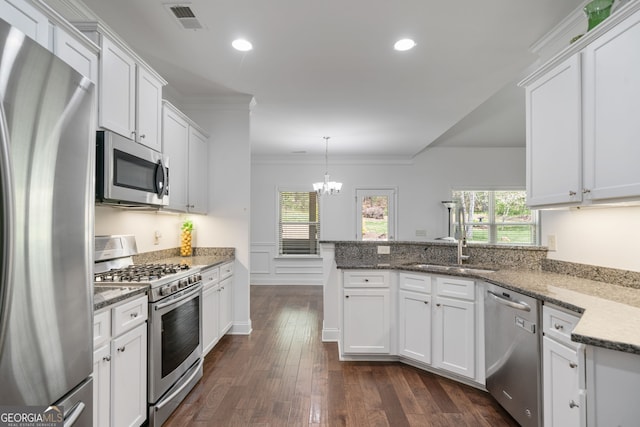 328 Spence Cir, Ball Ground, GA 30107 - kitchen featuring stainless steel appliances, crown molding, a peninsula, white cabinets, and dark wood-type flooring
