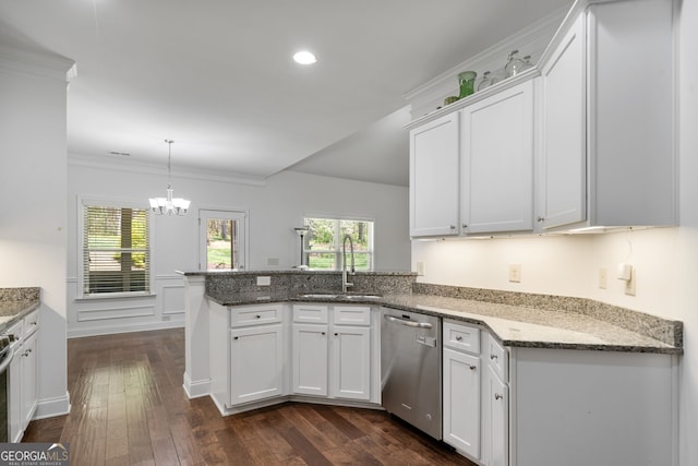 328 Spence Cir, Ball Ground, GA 30107 - kitchen featuring dishwasher, a peninsula, a chandelier, white cabinets, and dark wood-type flooring