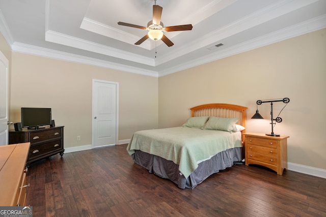 328 Spence Cir, Ball Ground, GA 30107 - bedroom featuring wood finished floors, a raised ceiling, ornamental molding, and a ceiling fan