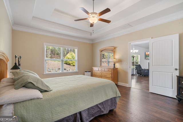 328 Spence Cir, Ball Ground, GA 30107 - bedroom with dark wood finished floors, crown molding, a chandelier, a tray ceiling, and a ceiling fan