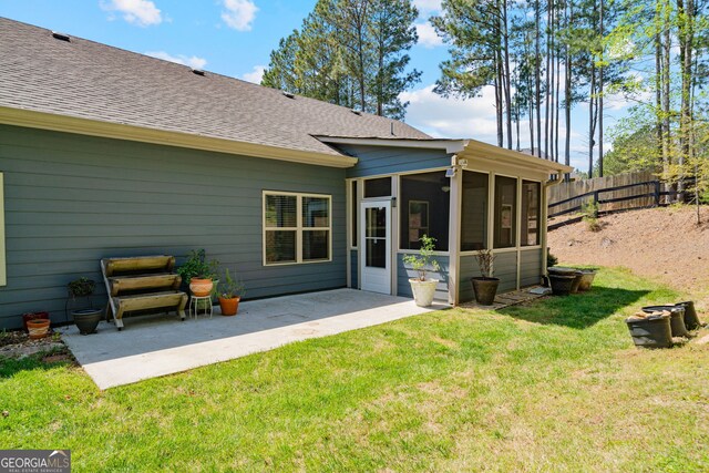 328 Spence Cir, Ball Ground, GA 30107 - rear view of property with roof with shingles, a sunroom, and a patio