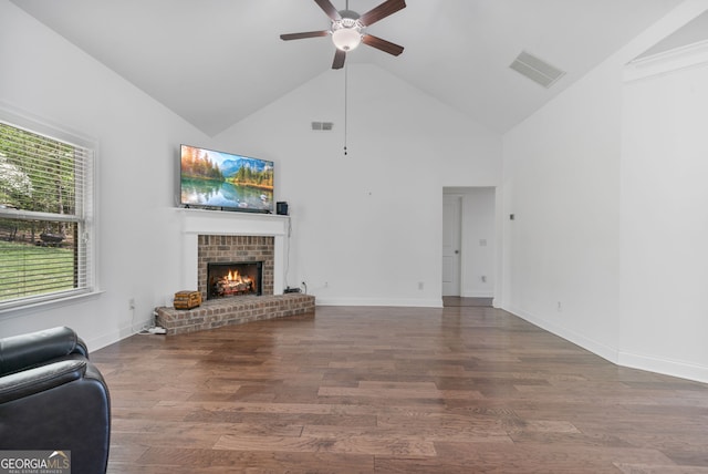 328 Spence Cir, Ball Ground, GA 30107 - living room with a ceiling fan, high vaulted ceiling, wood finished floors, and a fireplace