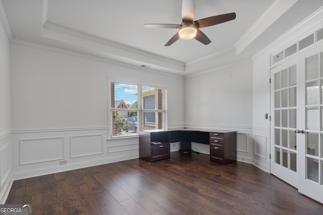 328 Spence Cir, Ball Ground, GA 30107 - unfurnished office featuring dark wood-type flooring, a tray ceiling, ceiling fan, a decorative wall, and a wainscoted wall