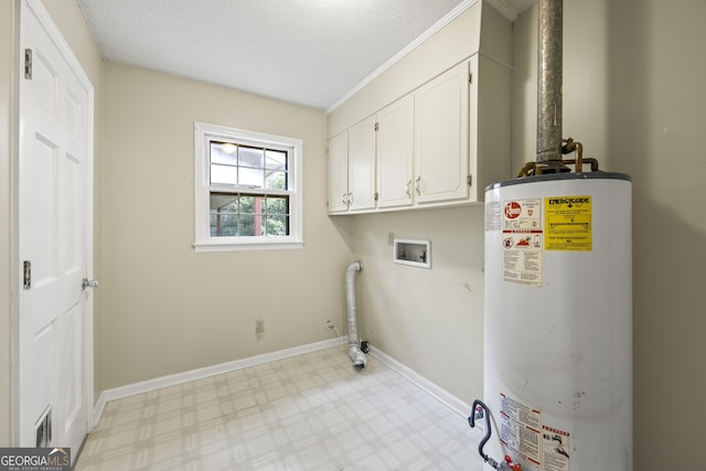 laundry area with light floors, gas water heater, visible vents, baseboards, and cabinet space