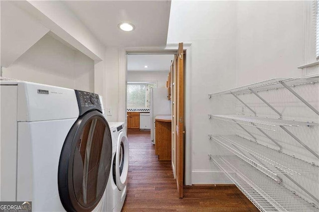 873 Monroe Cir NE, Atlanta, GA 30308 - laundry area featuring recessed lighting, separate washer and dryer, baseboards, and dark wood-style floors