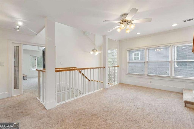 873 Monroe Cir NE, Atlanta, GA 30308 - interior space with a ceiling fan, visible vents, recessed lighting, carpet flooring, and an upstairs landing