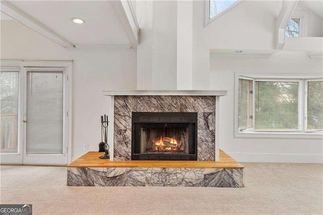 873 Monroe Cir NE, Atlanta, GA 30308 - interior details with beamed ceiling, recessed lighting, carpet flooring, and a high end fireplace