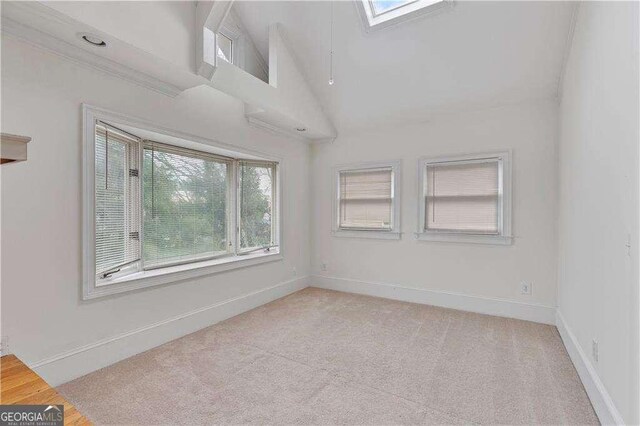 873 Monroe Cir NE, Atlanta, GA 30308 - empty room with baseboards, high vaulted ceiling, light colored carpet, and a skylight