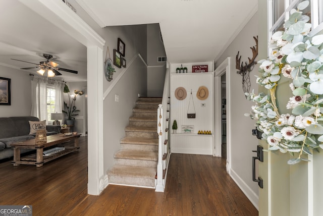 503 Duke Dr, Marietta, GA 30066 - stairway with visible vents, baseboards, a ceiling fan, and wood finished floors
