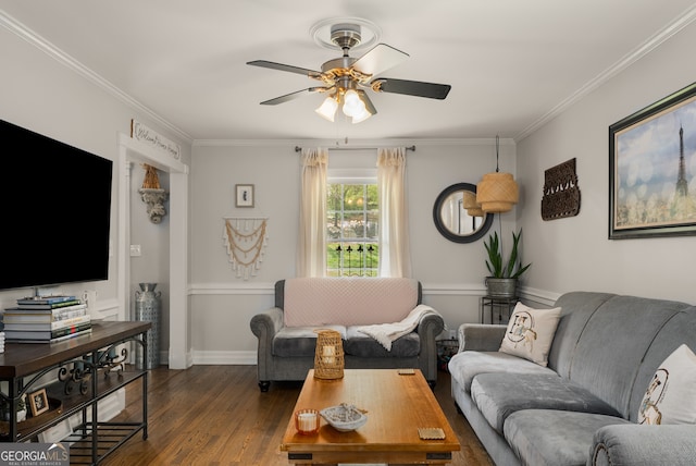 503 Duke Dr, Marietta, GA 30066 - living area with dark wood-style flooring, baseboards, a ceiling fan, and crown molding
